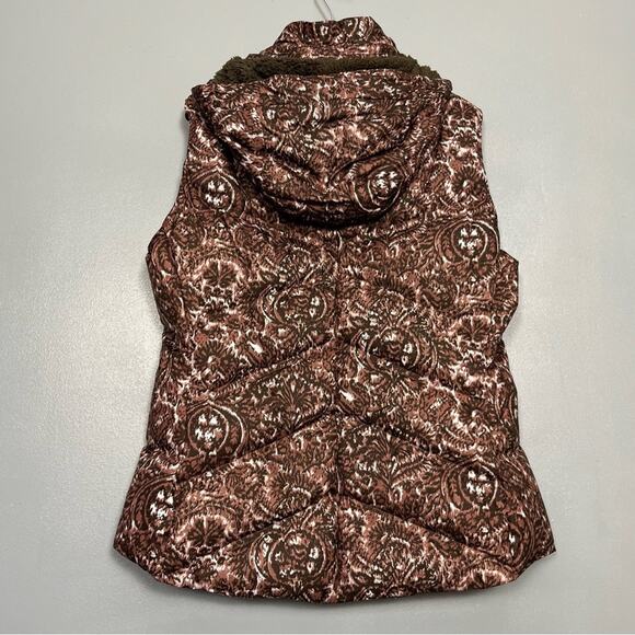 Patagonia Brown Paisley Hooded Down Puffer Vest Zip Up Women’s Size Large - Picture 2 of 10